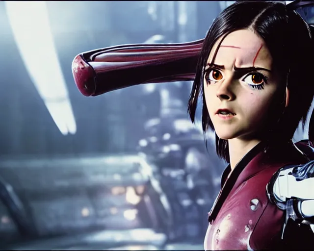 Image similar to a film still from battle angel alita played by actress emma watson, futuristic, cinematic lighting, photorealistic, highly detailed, photorealistic, high resolution