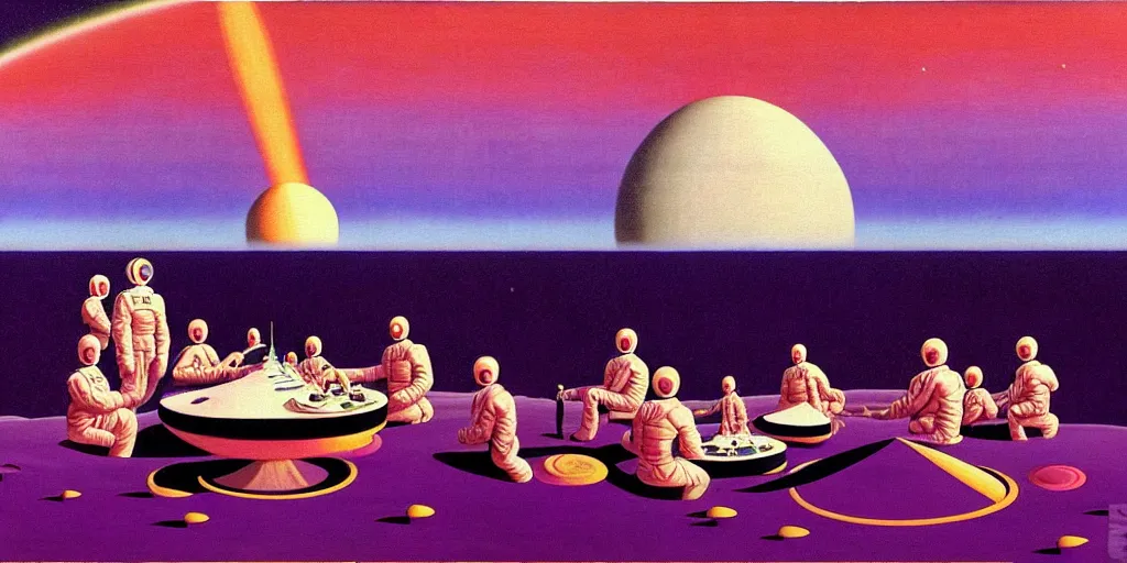 Image similar to surreal painting by chesley bonestell!!, twelve astronauts sitting by the river with a big holiday cake + psychedelic vegetation + purple, pink, blue + planets and stars + mystical fog, vintage sci - fi style of the 5 0 s, rule of the third!!!!, line graphics, 8 k, super detail, high quality