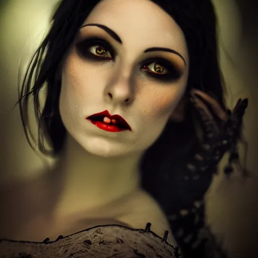 Image similar to A beautiful portrait of a lady vampire, victorian, dracula, ominous, depth of field, 85mm lens, bokeh, photorealism, ultra detailed, irwin penn, high definition, soft light