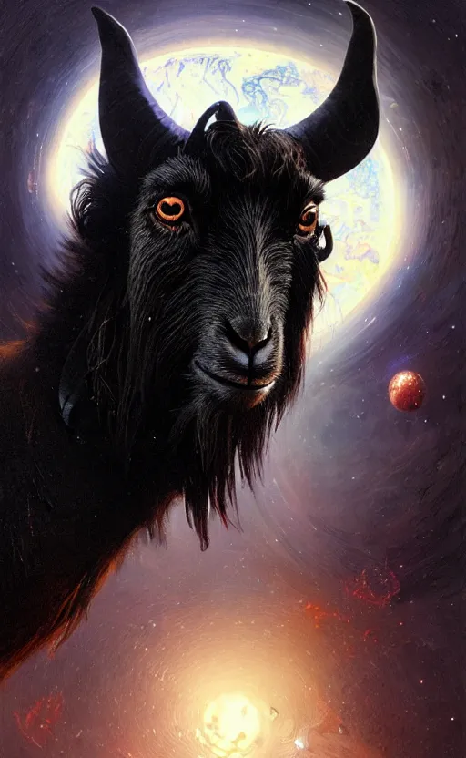 Prompt: a detailed portrait of a black goat in space, concept art, deep focus, intricate, highly detailed, digital painting, artstation, matte, sharp focus, illustration, art by greg rutkowski and alphonse mucha