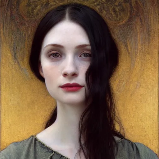 Image similar to Portrait of a beautiful, pale skin, female with long black hair, dark brown eyes, smiling, elegant clothing, photorealistic, highly detailed oil painting, artstation, smooth, sharp focus, art by Klimt, artgerm, Greg Rutkowski and Alphonse Mucha, natural light, Adobe Lightroom, photolab, Affinity Photo, PhotoDirector 365, artstation