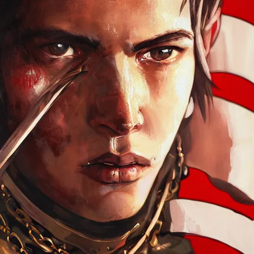 Image similar to portrait of a young white hero holding his sword next to his face covering his eye by yoji shinkawa, high quality, extra details, realism, ornate, colored, golden chain, blood, white skin, short hair, brown eyes, vivid, sunlight, dynamic, american man, freedom, white american soldier, painting