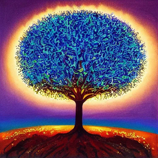 Prompt: the tree of life, illuminated at night, art