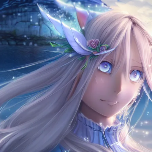 Image similar to a very beautiful anime elf girl, full body, long silver hair with a flower, sky blue eyes, full round face, short smile, revealing clothes, thick thigs, firm chest, ice snowy lake setting, cinematic lightning, medium shot, mid-shot, highly detailed, trending on Artstation, Unreal Engine 4k, cinematic wallpaper by Stanley Artgerm Lau, WLOP, Rossdraws, James Jean, Andrei Riabovitchev, Marc Simonetti, and Sakimichan