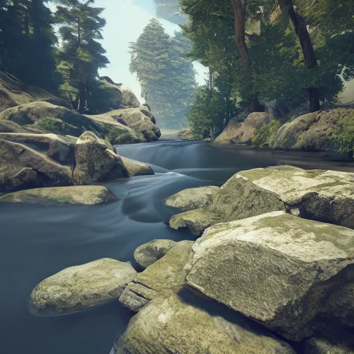 Prompt: a beautiful landscape, river, rocks, trees, volumetric lighting, octane render, nvidia raytracing demo