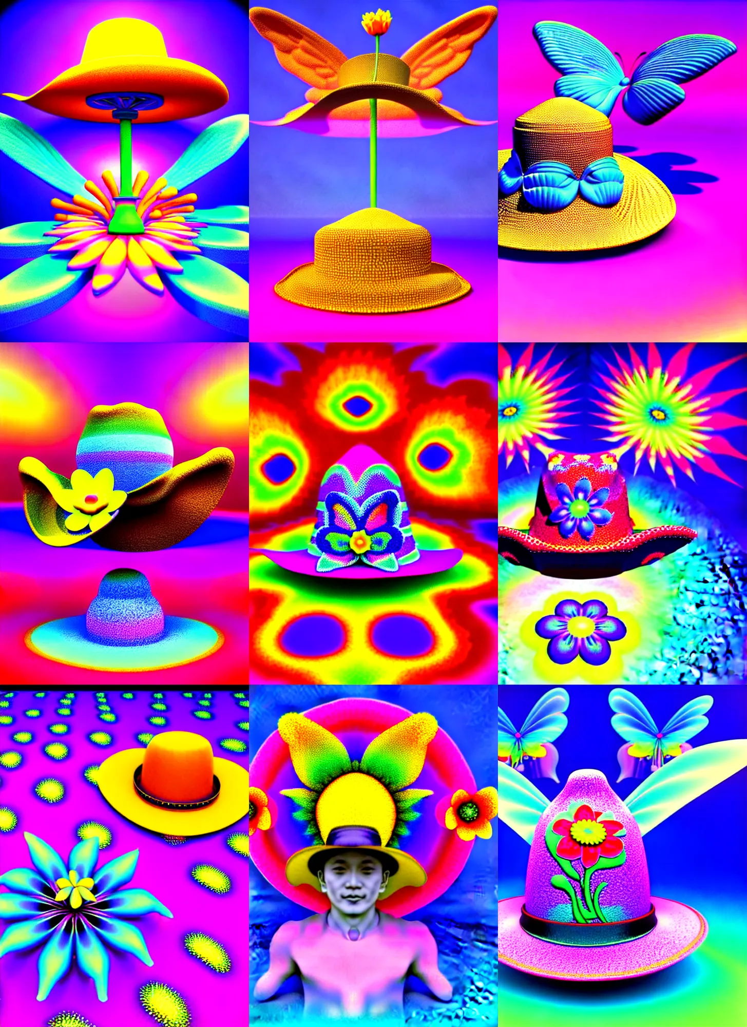Prompt: 3 d silicon graphics render of cute single flower by ichiro tanida wearing a big cowboy hat and wearing angel wings against a psychedelic acid background with 3 d butterflies and 3 d flowers in the style of early three dimensional computer graphics 3 d rendered y 2 k aesthetic