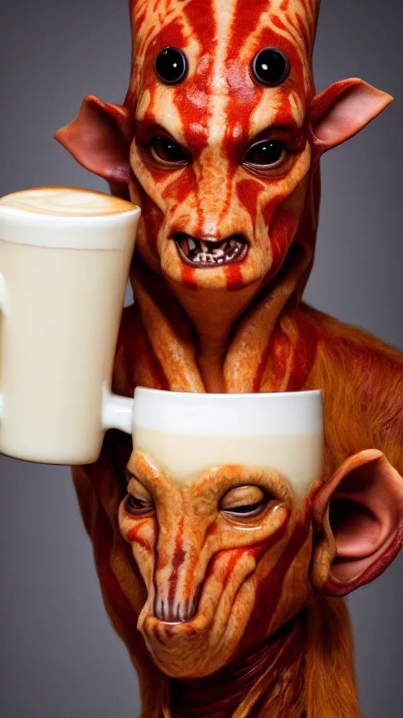 Image similar to a mug of coffee with a milk portrait of jar jar binks in it. style of latte foam art, with a focus on jar jar's floppy ears. color harmony, 8 k detail, gallery quality, hd wallpaper, premium prints available, hyper - detailed, intricate design.