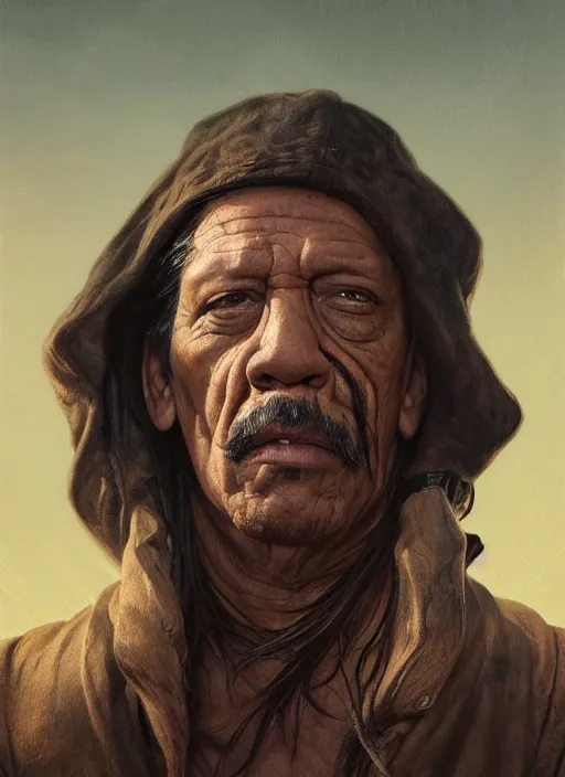 Prompt: Portrait of Danny Trejo, cloak, male, fantasy, extremely detailed, digital painting, artstation, concept art, smooth, sharp focus, illustration, stunning lighting, art by artgerm and greg rutkowski and alphonse mucha and simon stalenhag, realistic character concept, high fantasy, dark atmosphere, golden ratio, cinematic lighting, hyperdetailed, high resolution, insanely detailed and intricate, artstation, Marc Simonetti, Greg Rutkowski, 8k