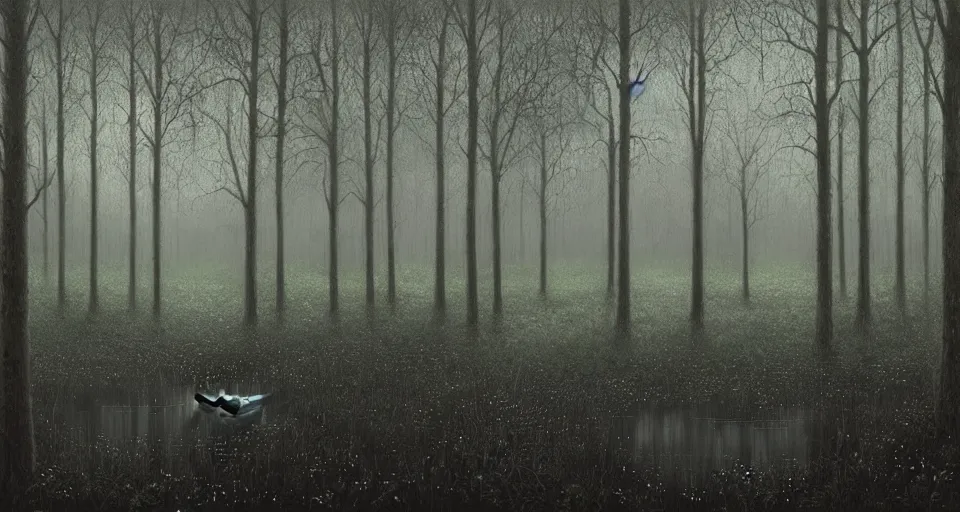 Image similar to A dense and dark enchanted forest with a swamp, by lee madgwick