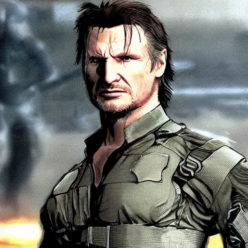 Prompt: Liam neeson as solid snake in metal gear for ps2