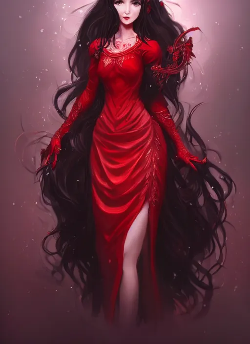 Prompt: a highly detailed illustration of hime cut black long haired woman wearing red dress, dramatic elegant smiling pose, perfect face, perfect body, intricate, elegant, highly detailed, centered, digital painting, artstation, concept art, smooth, sharp focus, league of legends concept art, wlop