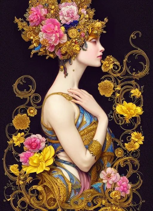 Image similar to beautiful black blue yellow, complicated gold and pink flowers in baroque style headwears, dark fantasy, intricate, elegant, highly detailed, digital painting, artstation, concept art, matte, 3 d 8 k octane rendered, sharp focus, illustration, octane rendered, art by artgerm and alphonse mucha, leesha hannigan