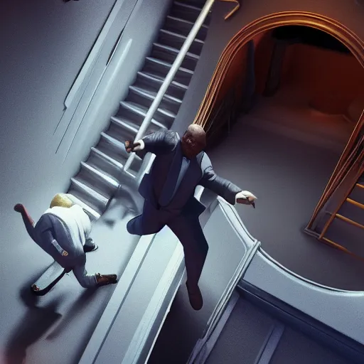 Prompt: A beautiful extremely detailed 8k render from artstation of Ving Rhames kicking Donald Trump down a long set of stairs into a toilet