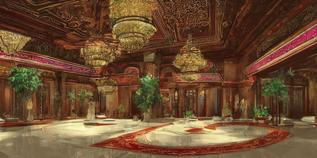 Image similar to a grand hall decorated with a blend of greco - roman and east asian styles, concept art, colorful