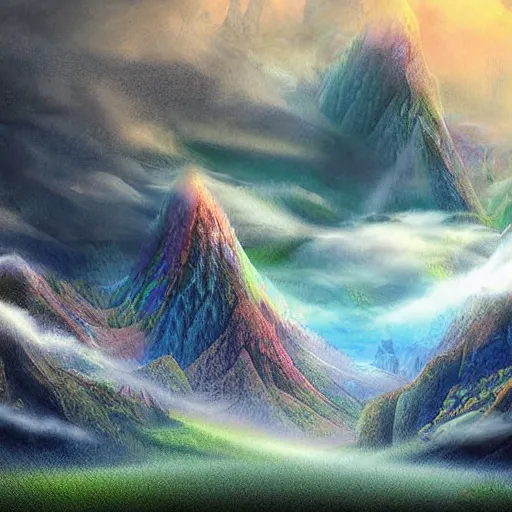 Image similar to digital artwork of a beautiful fantasy landscape of magical mountains encircled by clouds, mist, auras