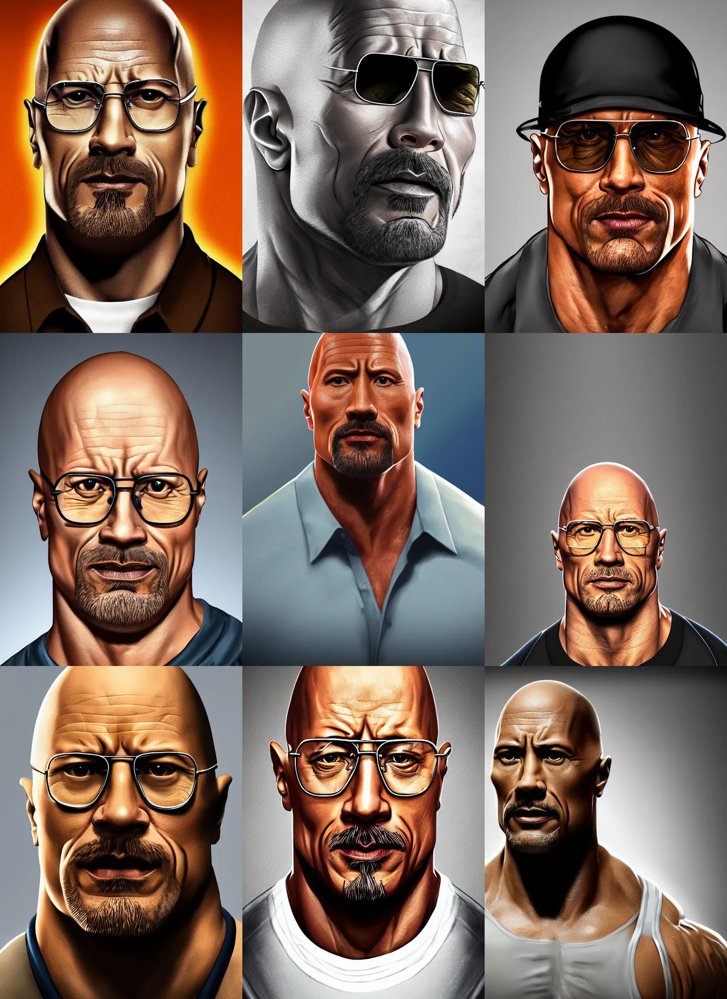 Prompt: character portrait of Dwayne Johnson playing Walter White, digital art, trending on artstation, 4k