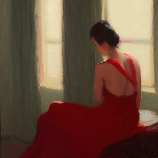 Image similar to girl with long black hair, in backless red dress, backview, sitting on edge of bed, in a candle lit room, by jeremy lipking, tim rees, joseph todorovitch