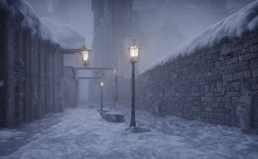 Image similar to the high city wall in the snowstorm, doomy, Unreal Engine, cinematic photography, highly-detailed, games of thrones, HBO, high resolution, 8k, photorealistic, stunning volumetric lighting