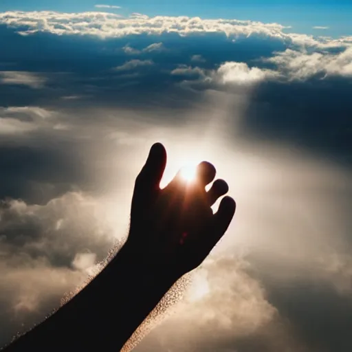 Prompt: a big hand giving a thums up through the clouds. sunshine rays