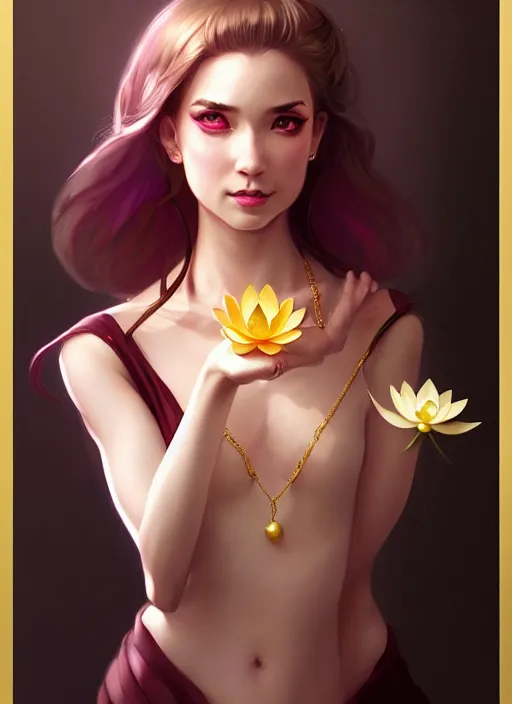 Image similar to female magician, wide angle view, lotus, flowers, gold, diamonds, highly detailed, artgerm, cushart krenz, artstation, soft light, sharp focus, illustration, character design, concept art