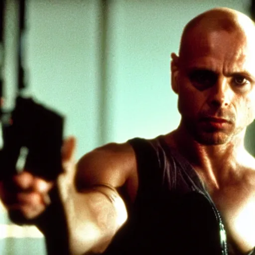 Prompt: bald Michael Biehn in Alien 3, carrying a pulse rifle, 1991 directed by David Fincher 4K