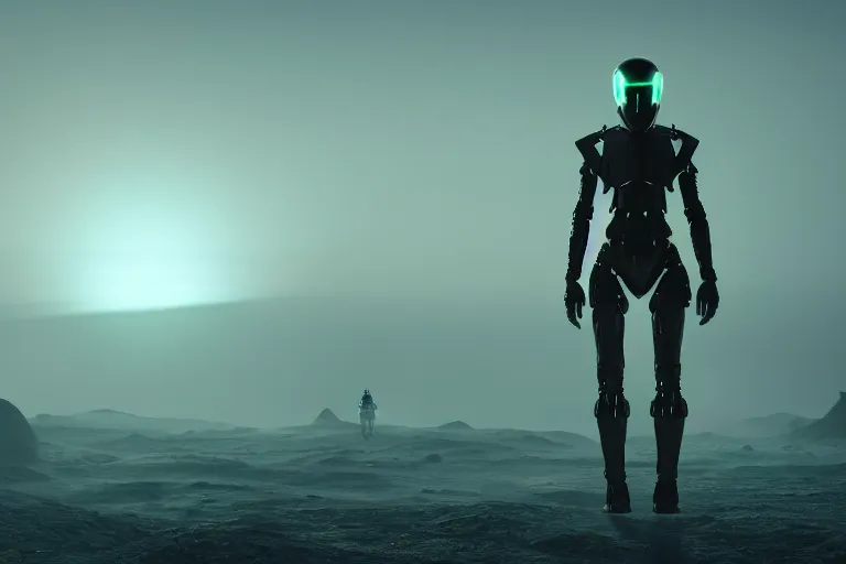 Image similar to a humanoid wearing sleek but simple body armor with glowing parts and cloth walks towards a technological outpost on a vast alien landscape, dramatic lighting, light fog, 8 k cg render, trending on artstation