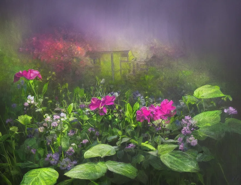 Prompt: amorphous, gooey life form covering a cottage garden in a beautiful foggy morning. oil painting, indie concept art, bloom, chiaroscuro, backlighting, intricate details, depth of field.