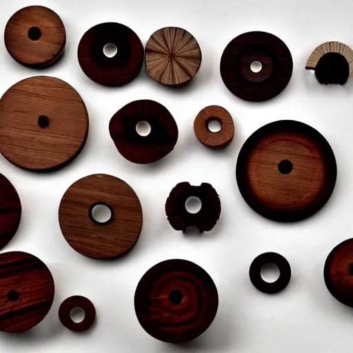 Image similar to camera lens aperture blades made of walnut wood. minimal. dramatic lighting.