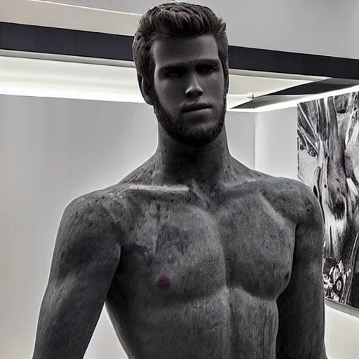 Image similar to “a realistic detailed photo of a guy who is an attractive humanoid who is half robot and half humanoid, who is a male android, actor Liam Hemsworth, shiny skin, posing like a statue, blank stare, at the museum, on display”