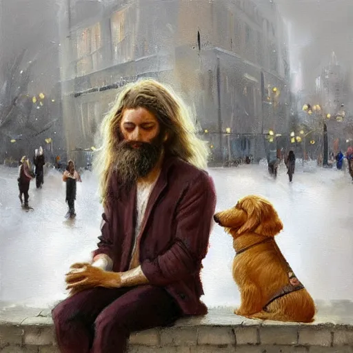 Image similar to oil painting of a young man with long hair blond and a beard hippie style with his golden retrever dog playing piano in the square for money, people watching around, by greg rutkowski, artstation