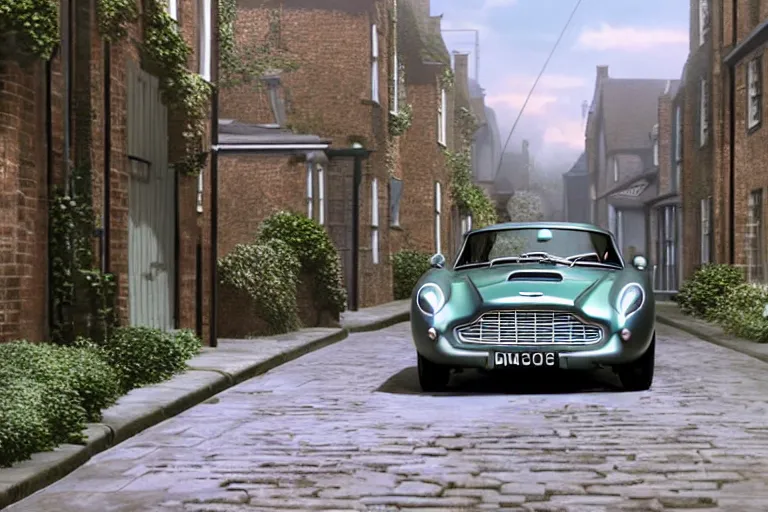 Image similar to a wholesome animation key shot of one focused short shrunk aston martin db 5, in a rich london mews residential street, waist height, medium range, studio ghibli, ( pixar ) and disney animation, sharp, very detailed, unreal engine 5 render, bloom, high resolution, anime key art by greg rutkowski