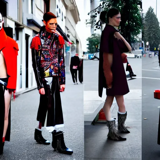 Prompt: avant - garde high fashion on the streets of sunny vancouver, vetements, balenciaga, enfants riche deprimes, fashion study, photoshoot