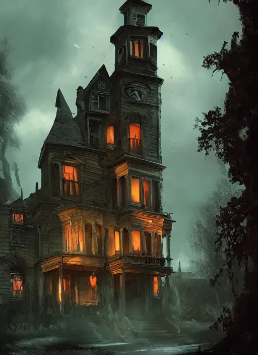 Prompt: the haunted house , architectually correct, Dynamic lighting, cinematic, establishing shot, extremely high detail, photo realistic, cinematic lighting, , post processed denoised, concept design, concept art, artstation, matte painting, midjourney, style by alex ross, neal adam