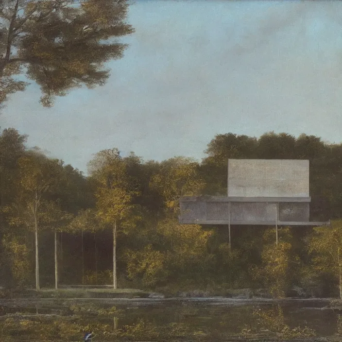 Image similar to a building in a serene landscape, old tv