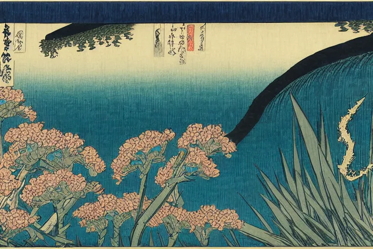 Image similar to an amazing ukiyo - e drawing of a scene with irises by katsushika hokusai, utagawa kuniyoshi and utagawa hiroshige and van gogh, masterpiece, hyperdetailed!!!, intricate, complex, closeup, 4 k