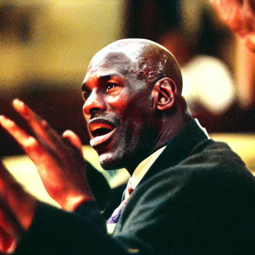 Prompt: a cinematic still of Michael Jordan preaching to a church congregation in 1998, shallow depth of field, portrait, 40mm