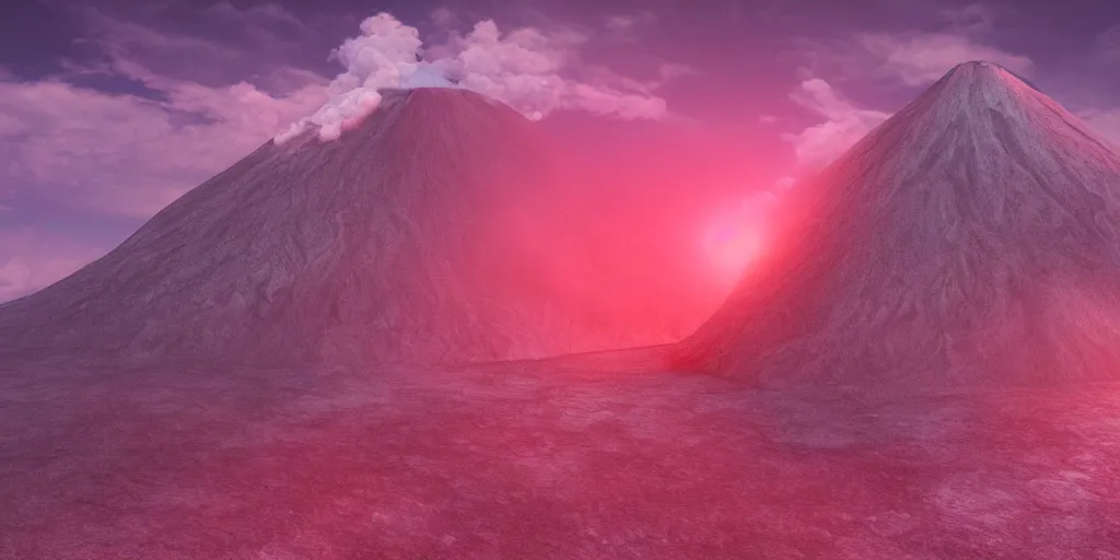 Image similar to pink lemonade flowing from the volcano, digital art, 4 k, highly detailed, soft lighting, dramatic perspective