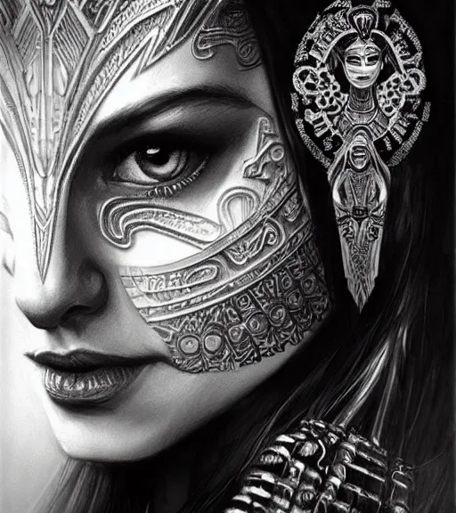 Prompt: beautiful intricate exquisite mayan princess realistic face, beautiful eyes, black and white drawing, in the style of greg rutkowski, fantasy, amazing detail, epic, intricate, elegant, smooth, sharp focus