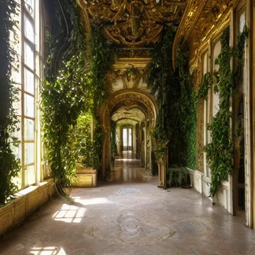 Image similar to a dream about inside opulent abandoned overgrown Palace of Versailles, lush plants growing through the floors and walls, walls are covered with vines, beautiful, dusty, golden volumetric light shines through giant broken windows, rich with epic details and dreamy atmosphere