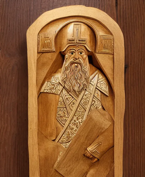 Image similar to orthodox wood carving of a paladin