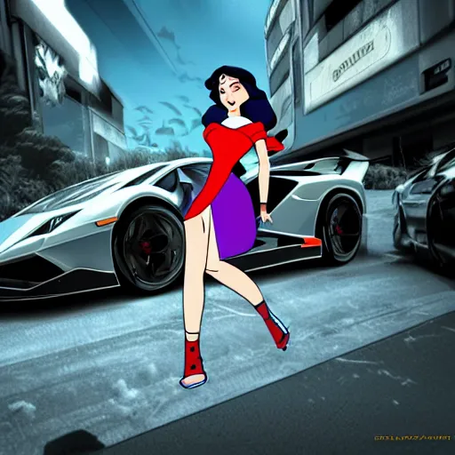 Image similar to Snow White wearing flip flops driving a lamborghini in heaven, Cyberpunk digital art