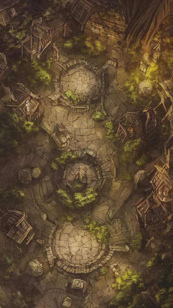Image similar to wide establishing shot of a dungeons and dragons battle map, top view of inside of a great hall inside a castle, dynamic composition, dramatic lighting, trending on artstation, digital art, stylized painting