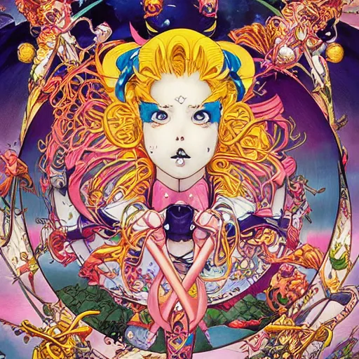 Prompt: portrait of crazy sailor moon, symmetrical, by yoichi hatakenaka, masamune shirow, josan gonzales and dan mumford, ayami kojima, takato yamamoto, barclay shaw, karol bak, yukito kishiro