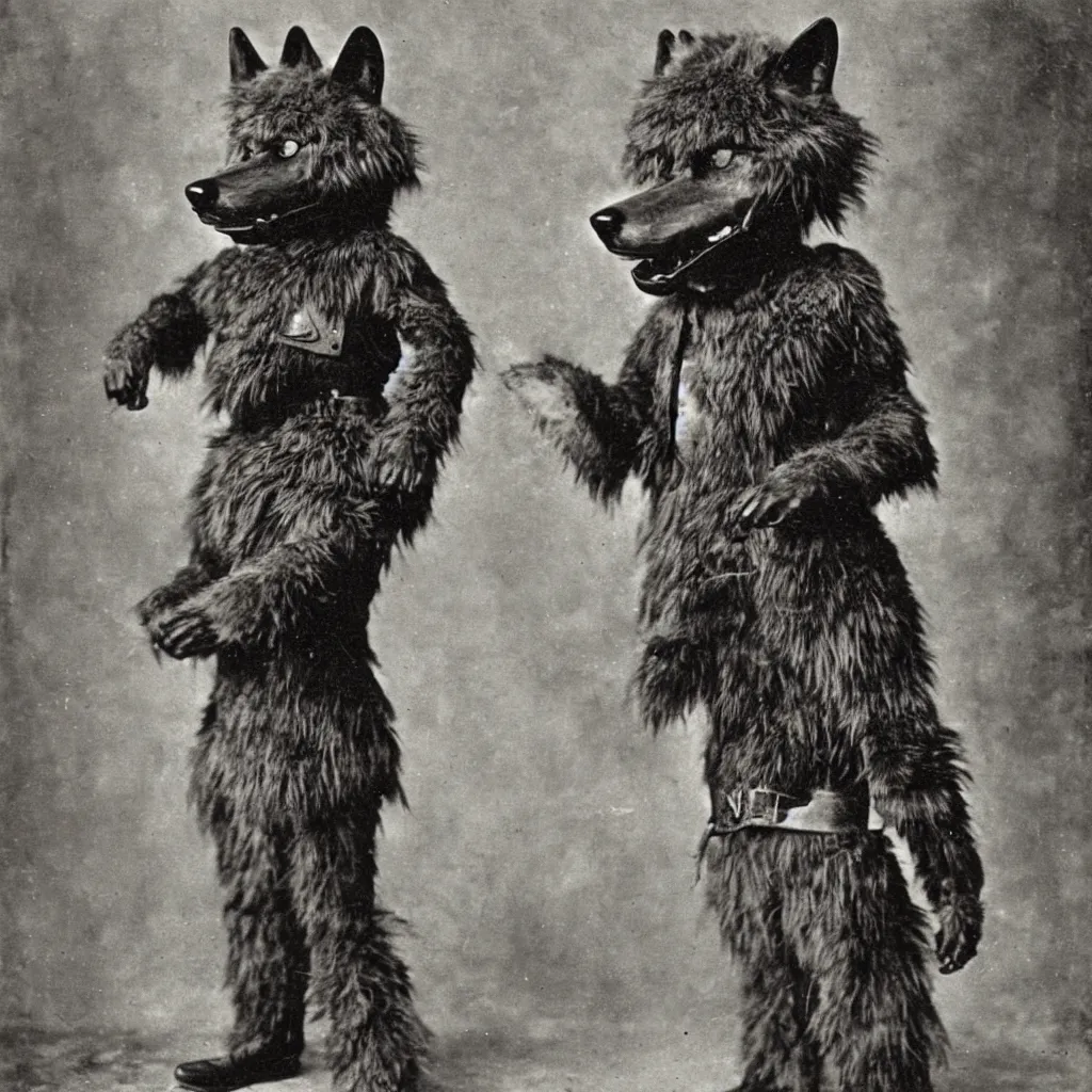 Prompt: anthropomorphic furry wolf in suit of armor of unknown origin, 1900s photograph