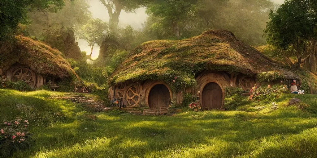 Prompt: the shire, hobbits village. concept art. photorealistic. epic. cinematic. artstation.