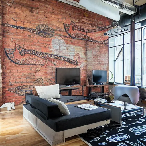 Prompt: trendy downtown loft with modern murals on the wall, contemporary art, and patterns, interior design, beautiful architecture