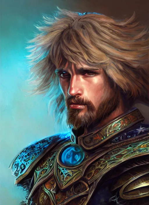 Prompt: A Human Male Paladin, highly detailed face, glowing white eyes, shaggy hair, scruffy brown beard, Teal flames surrounding, medium armor, wings, fantasy, intricate, elegant, highly detailed, digital painting, artstation, concept art, smooth, sharp focus, illustration, art by Larry Elmore and Jeff Easley and Clyde Caldwell