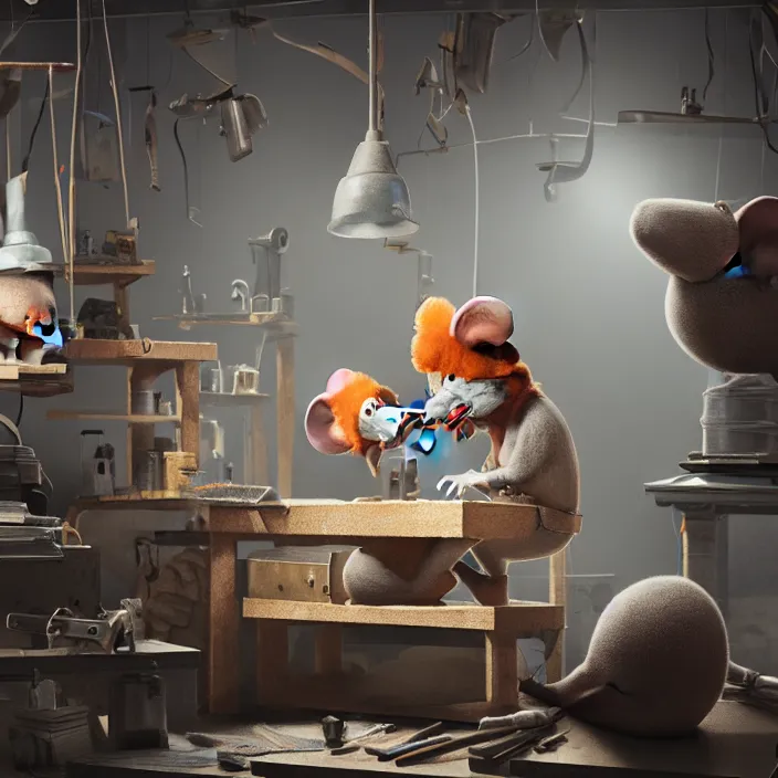 Prompt: gritty crew of workers building mouse head in small workshop, octane render, 4 k ultra hd, hyper - detailed, realistic, sharp focus, in style of beeple