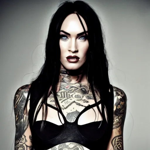 Prompt: studio portrait of megan fox as a vampire with emo clothing