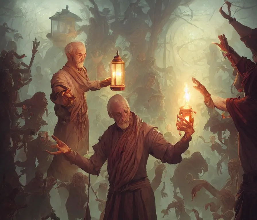 Image similar to male senior cleric holding a lantern surrounded by zombies, highly detailed, digital painting, artstation, concept art, smooth, sharp focus, illustration, art by artgerm and greg rutkowski and alphonse mucha and andrei riabovitchev